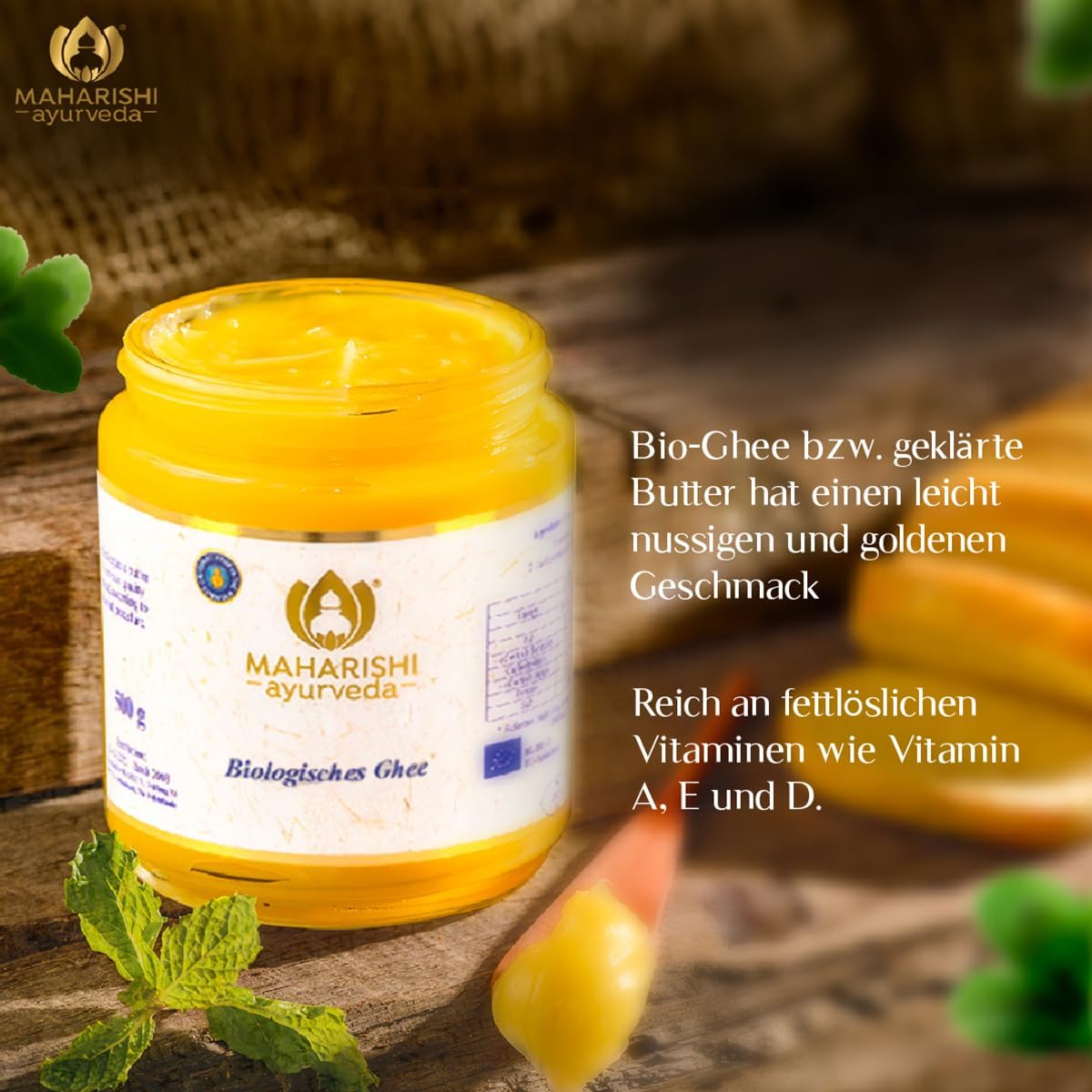 Maharishi Ayurveda Bio Ghee, Gheebutter,Butterfett | Laktose-, zucker und glutenfrei zum Kochen, Braten und Backen | 500 g | 1er Pack