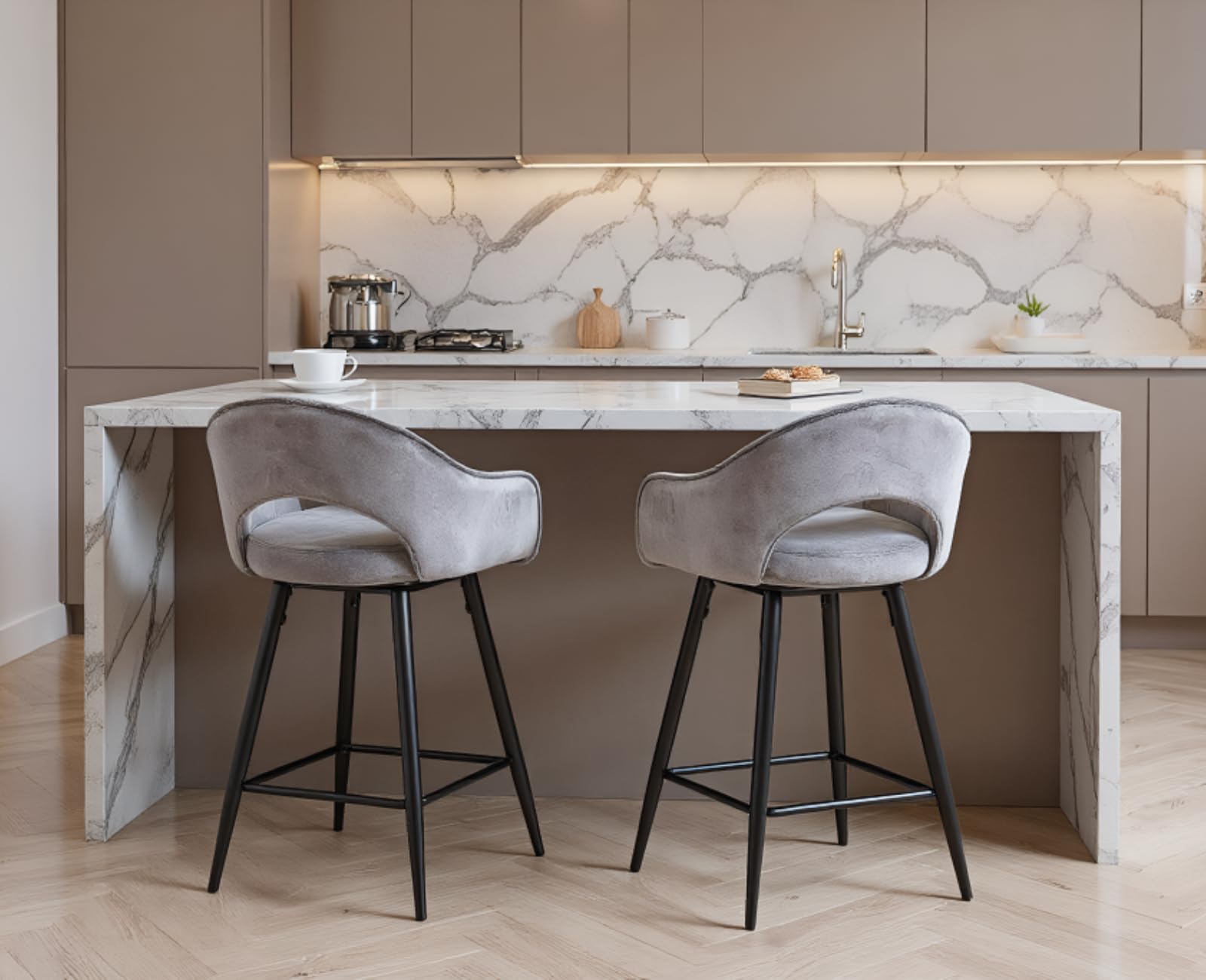 chairus Set di 2 Sgabelli da Bar in Velluto Sgabelli Cucina Sgabelli Alti Sgabello Girevole con Gambe in Metallo per Bancone/Cucina, Grigio