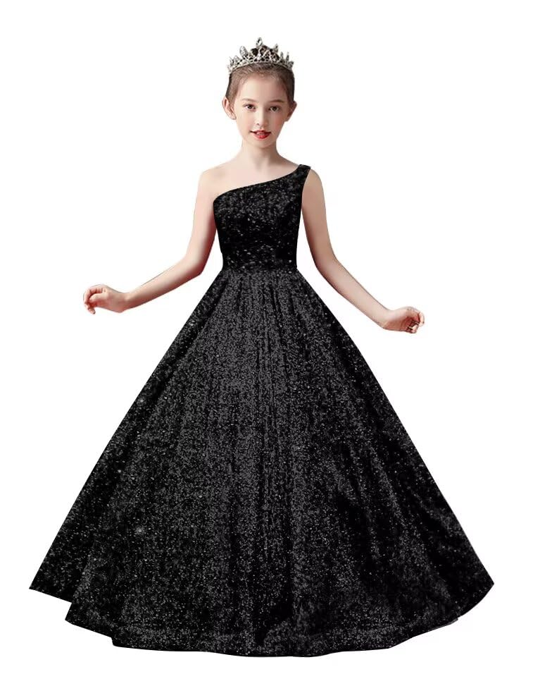 One Shoulder Sequin Pageant Gowns Sparkly Ball Gown Flower Girl Dresses for Wedding Princess Kids Toddler Dress