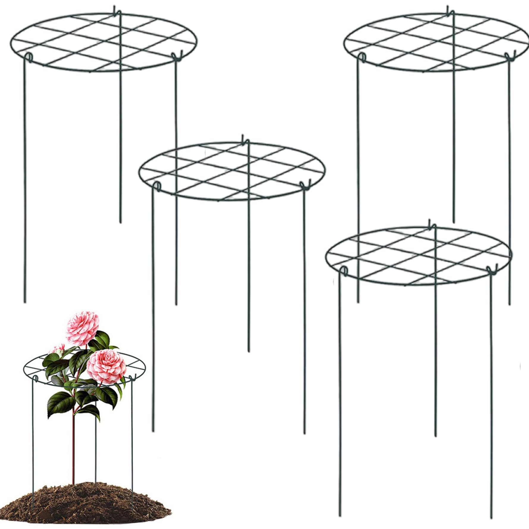Peony Cages 4Pcs 12x16 Inch Iron Round Plant Supports with 3 Legs for Rose Tomato Orchids Vines, Heavy Duty Peony Supports