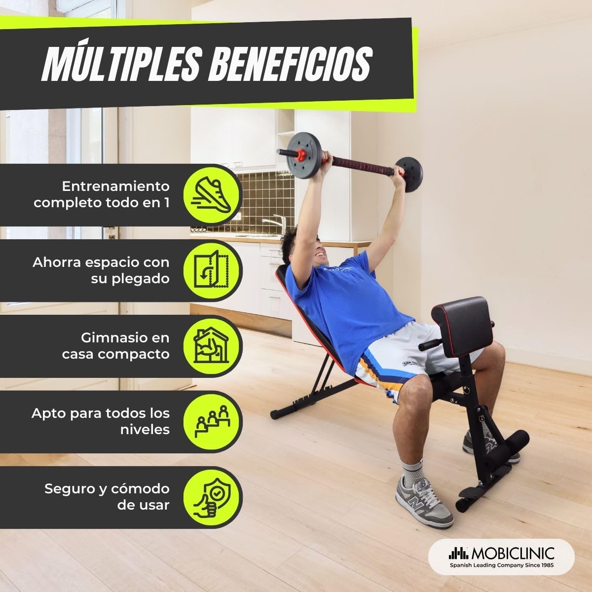 Mobiclinic®, Banco de Musculación, Con Cintas de Resistencia, Plegable, Con Ruedas, Multifunción, Press de Banca, Ajustable, Declinable e Inclinable, Hasta 120KG, Planefit, Gimnasio en casa