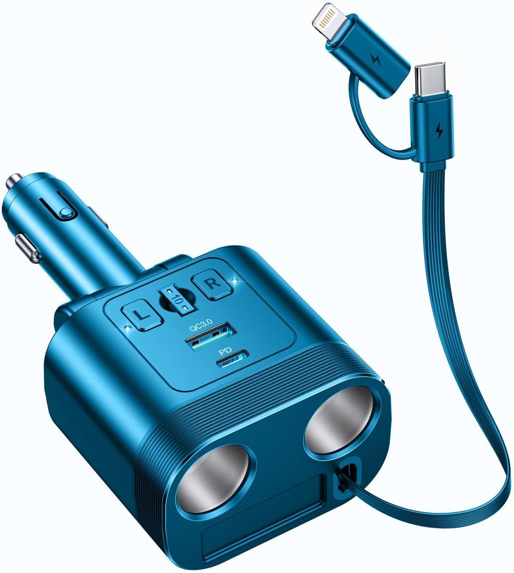 Répartiteur allume-cigare, adaptateur allume-cigare double prise avec câble rétractable, double 30 W PD & QC 3.0, chargeur de voiture 12 V/24 V répartiteur pour iPhone 17 Pro Max/16/15/14/Samsung/Dash