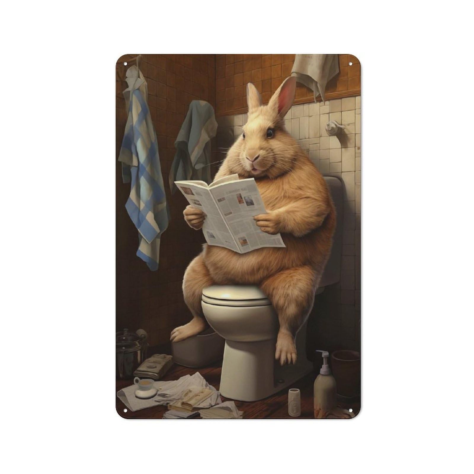 Junmoney Fat Bunny Toilet Newspaper Tin Wall Plaque 30X20cm, Rustic Farmhouse Wall Decor For Dining Room, Cafe, Entryway Or Family Room