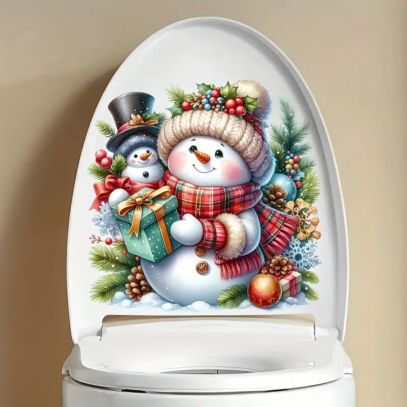 Merry Christmas Snowman Gift Box Toilet Cover Sticker Decals, Christmas Bell Pine Leaf Fish Ocean Waterproof Toilet Lid Tank Seat Decals Cistern Self-Adhesive Bathroom Wall Sticker