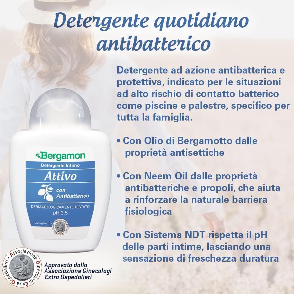 8x Bergamon Detergente Intimo Attivo - Bergamotte Aktiver Intimreiniger pH 3,5, 200ml + Beni Culinari Kostenloser Schlüsselanhänger