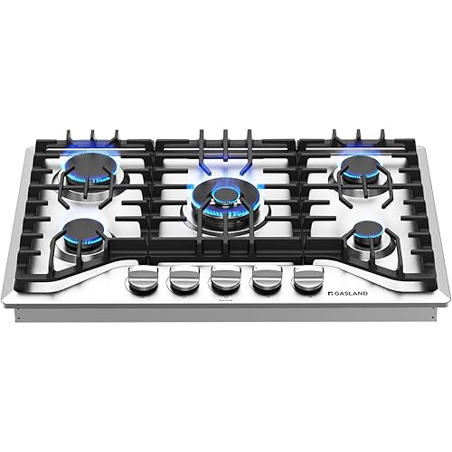 GASLAND 30 Inch Gas Cooktop, 5 Burner Propane Stovetop, Built-in NG/LPG Convertible Cooktops, Gas Countertop Plug-in with Thermocouple Protection, 304 Stainless Steel Panel, CSA Certified