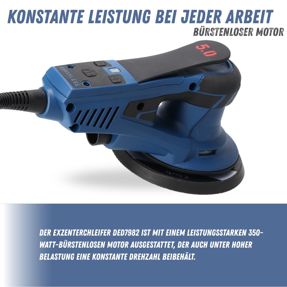 DEDRA Ponceuse excentrique 350 W, Ø 150 mm – Sans brosse, vitesse de rotation réglable 4000–10000 tr/min, aspiration de la poussière, design ergonomique avec poignée douce, kit d'accessoires inclus