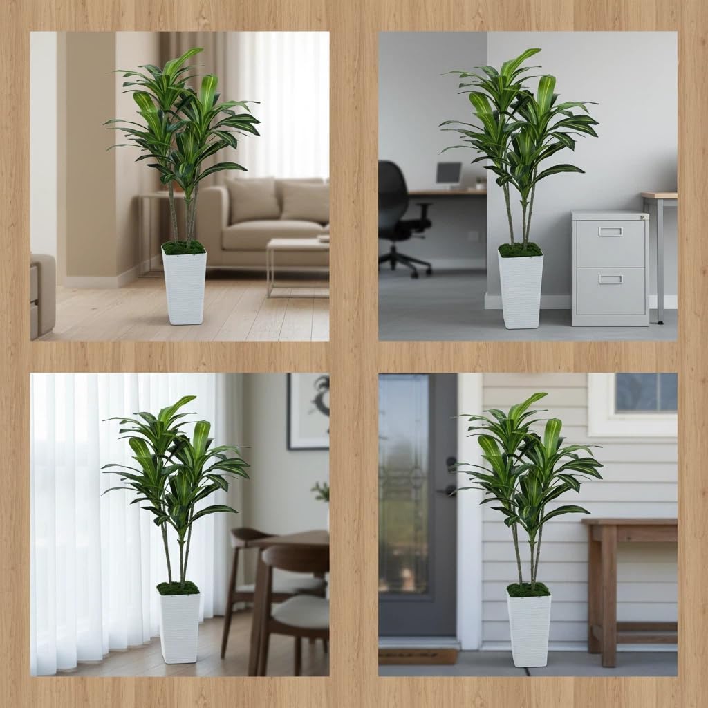 Artificial Dracaena Tree 5FT, Fake Tree with White Tall Planter - Faux Yucca Tall Fake Floor Plant in Pot - Artificial Plant for Home Office Living Room Decor Indoor