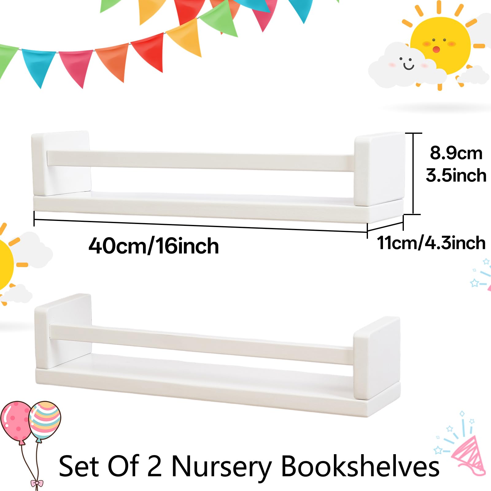 ShunpuBF Nursery Book Shelves for Wall Set of 2 40CM White Floating Book Shelf for Kids Rooms,Small Wall Mounted Pine Wood Bookshelf for Baby Teen Boys Girls Bedoom Bathroom Toy and Decor Storage - Image 3