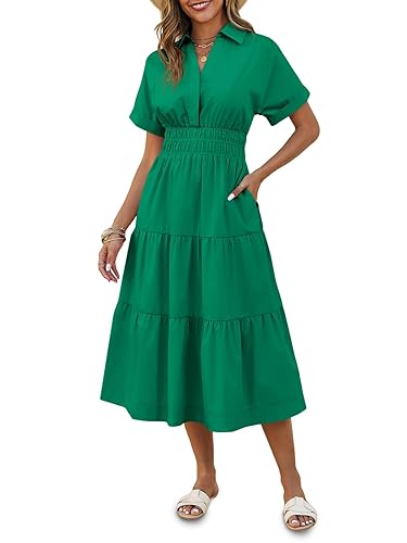 Wenrine Womens Summer Short Sleeve Maxi Dresses Casual V Neck