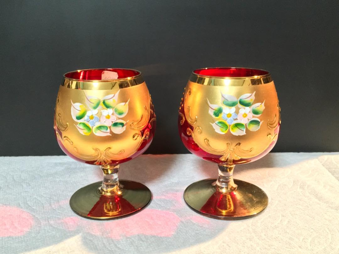 Amazon.co.jp: ボヘミアングラス 赤に金彩と盛上エナメル彩の花 ペア 