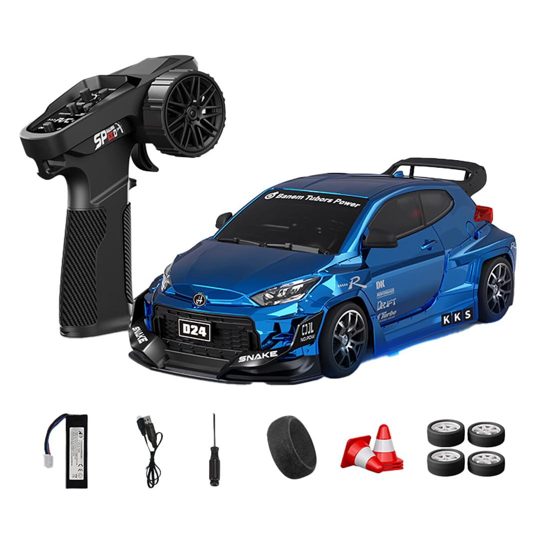 NULA 1:24 RC Drift Car, D24 RTR Full Proportional 4WD High Speed Remote Control Car with Gyro, Dual Drift Racing Tires, LED Light Effects for Adults- (Q1 Metallic Blue / D24-04)