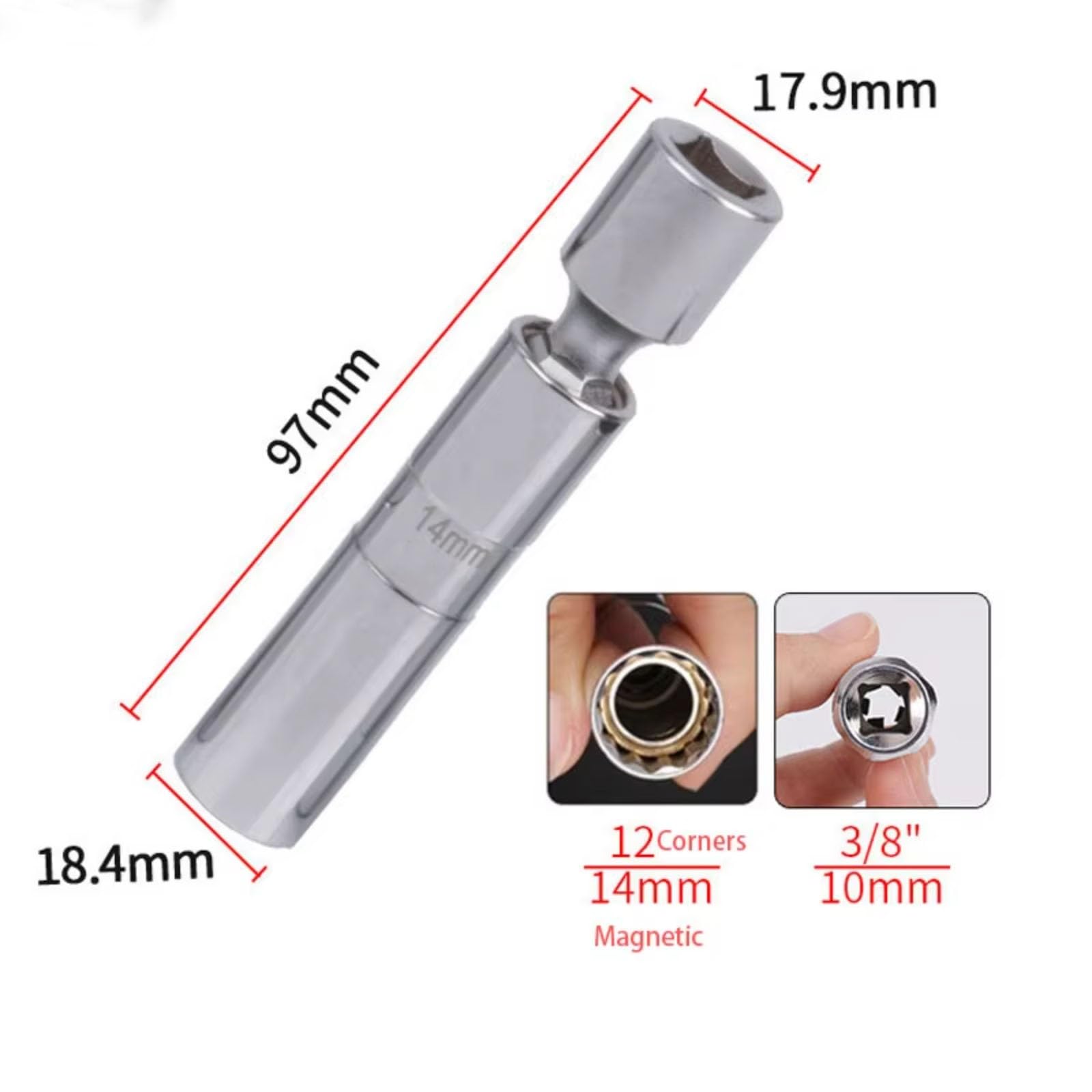 Zündkerzen-Steckschlüsselsatz mit verlängertem Gelenk, Magnetschlüssel, 3/8"-Antrieb, 12-Kant, 14 mm, 16 mm, 2-teilig