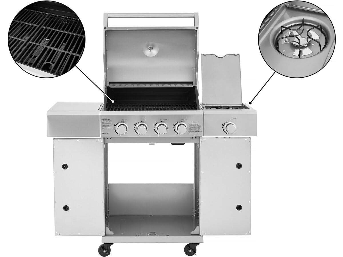 Barbacoa de gas de acero inoxidable con 5 quemadores incluyendo 1 quemador lateral Brazzo - 118 x 57 x 104 cm - Gris claro