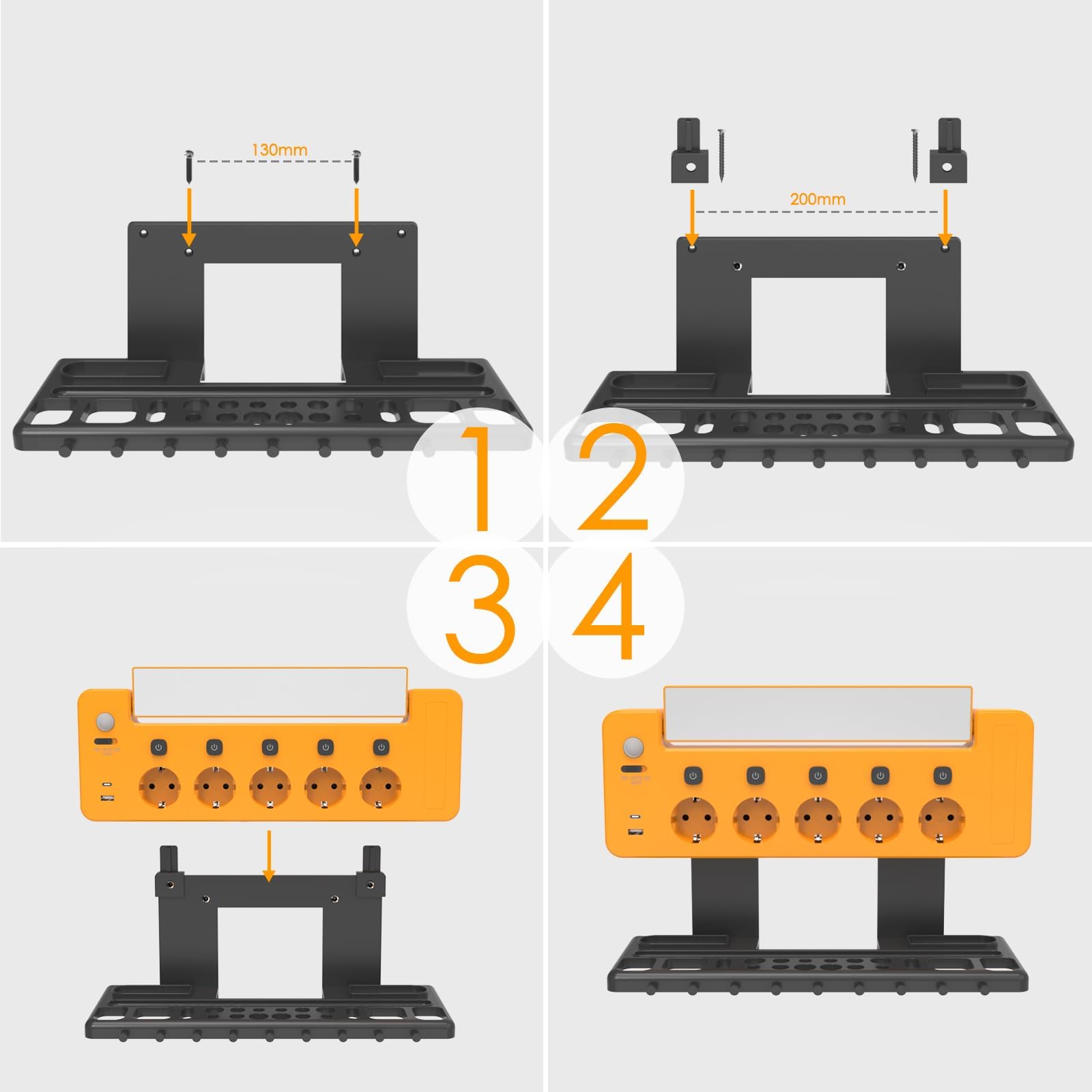 Regleta Enchufes de Pared con 5 Toma de Corriente 3680W y Interruptor Individual, USB A y USB C Puerto de Carga 5V 2.4A, Luz de Ttrabajo LED Giratorio y Portaherramientas para Taller