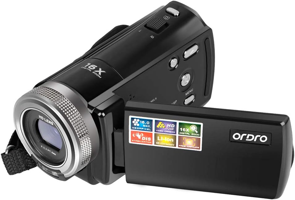 Camera Camcorder, ORDRO Portable 720P Video Camera Recorder for YouTube or Vlog 16MP Digital Camera DV Video Camcorder with a 16GB SD Card and 2 Batteries (HDV-108 Black)