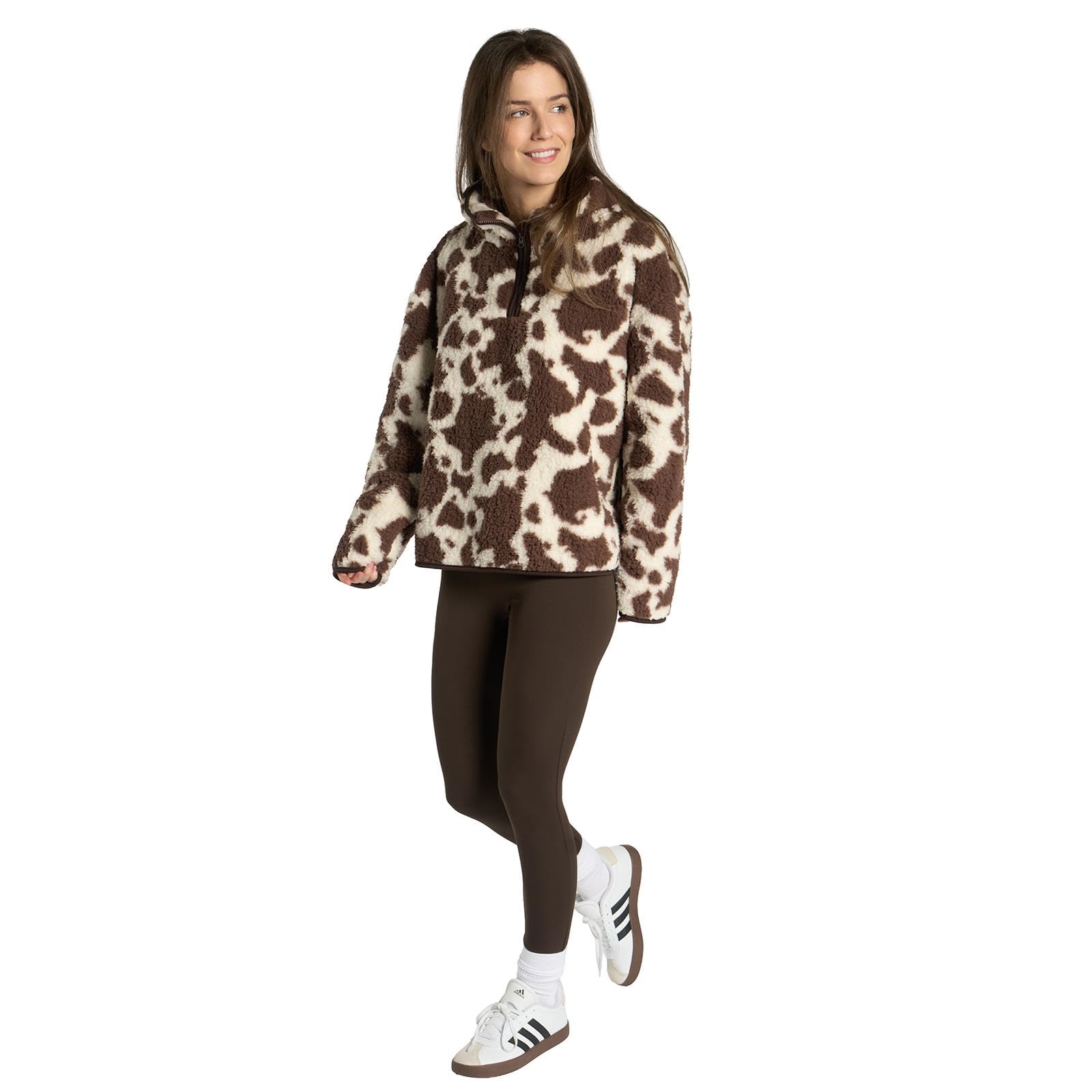 Ohs Women's Cow Print - Natural Teddy Fleece Jacket Cow Print Fleece Pullover Half Zip Soft Cosy Warm Winter Clothing Sweatshirt Top Casual Long Sleeve Jumpers For Hiking Travel, Natural - L/Xl