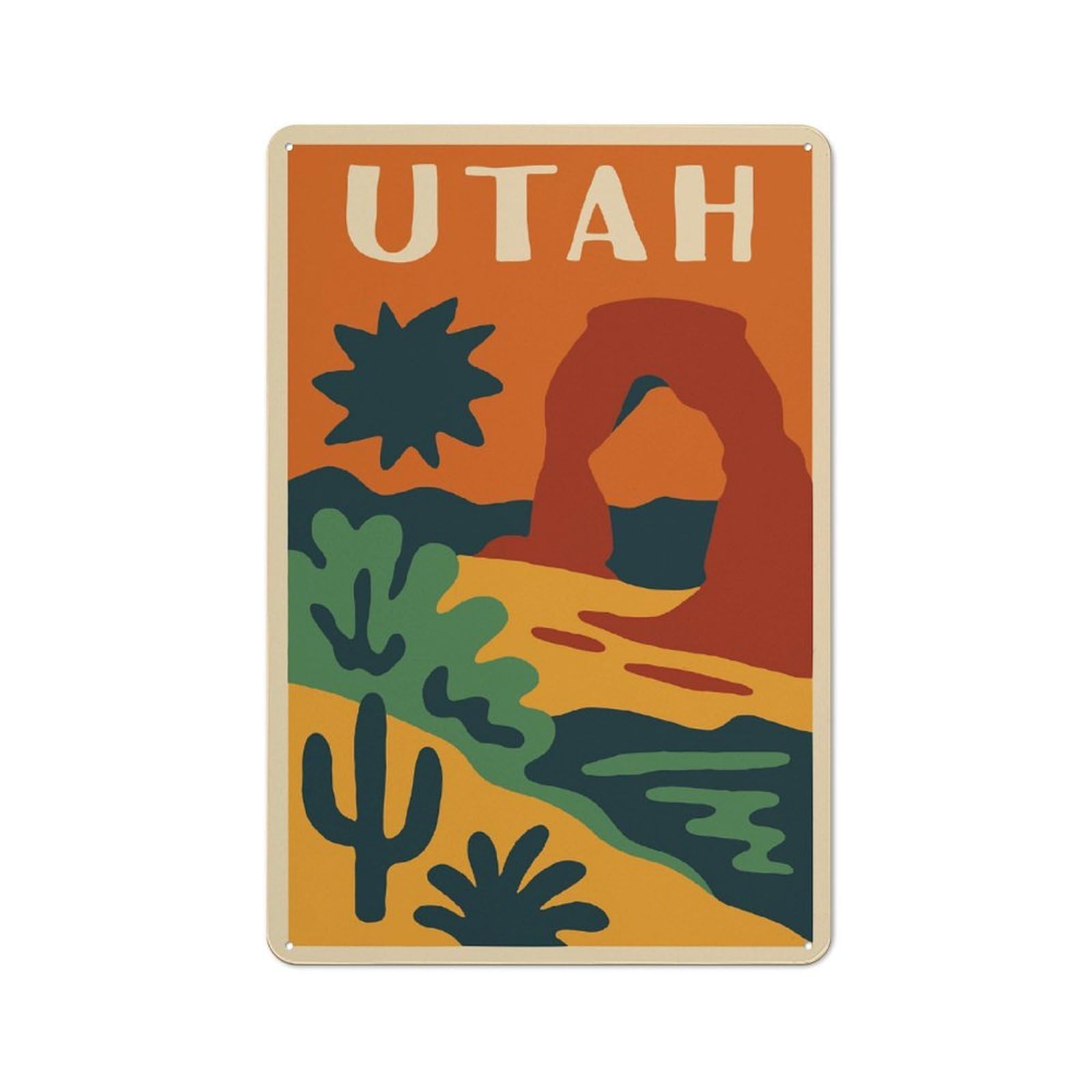 Junmoney Style-22 Metal Wall Sign 30X20cm Featuring Utah Landscape Illustration For Garage Or Workshop, For Garage, Workshop And Man Cave Decoration