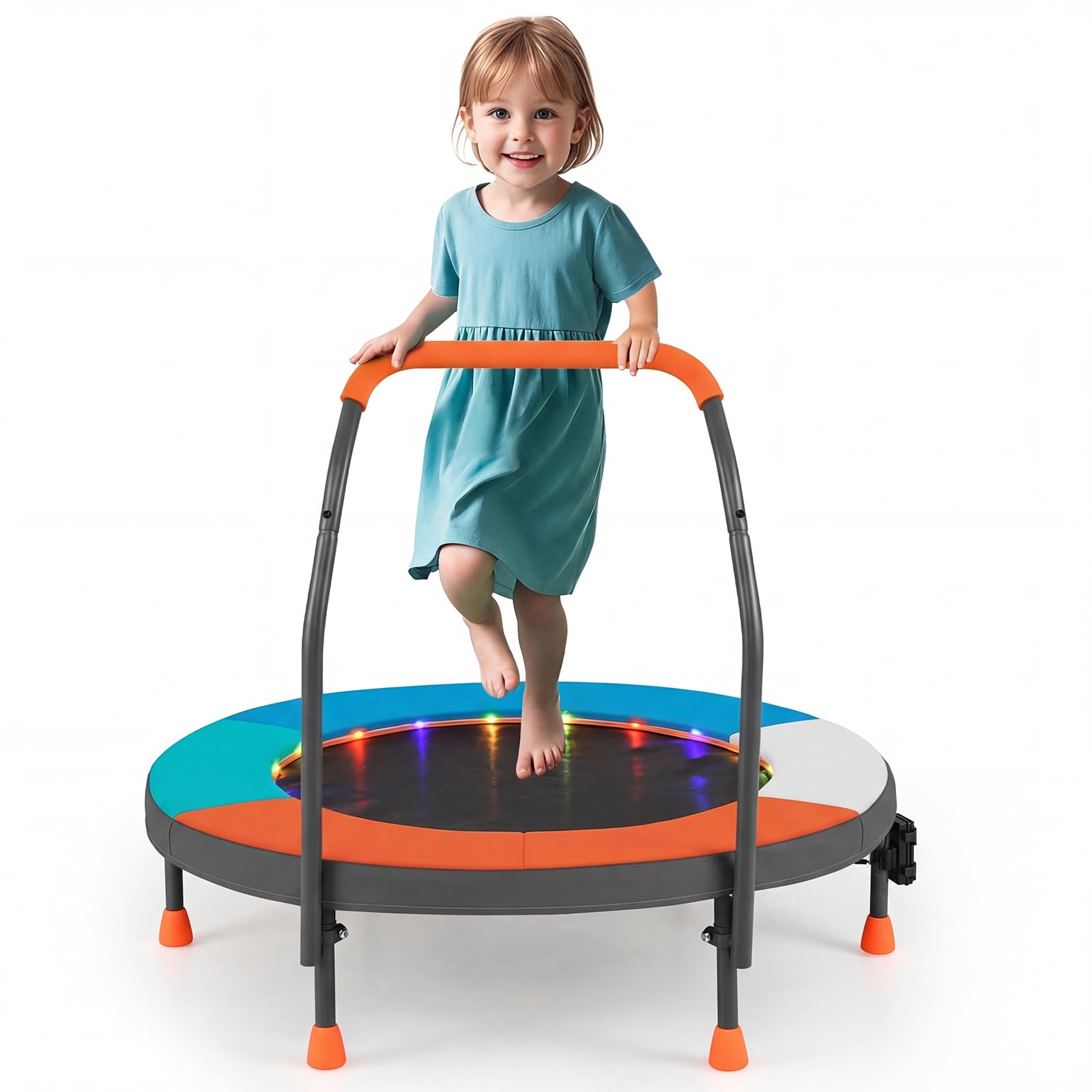 COSTWAY Ø90 cm Kinder Trampolin, Minitrampolin faltbar mit LED Beleuchtung, Fitness Trampolin Indoor mit Griff & Tragetasche, Gartentrampolin klein für Kinder ab 3 Jahren