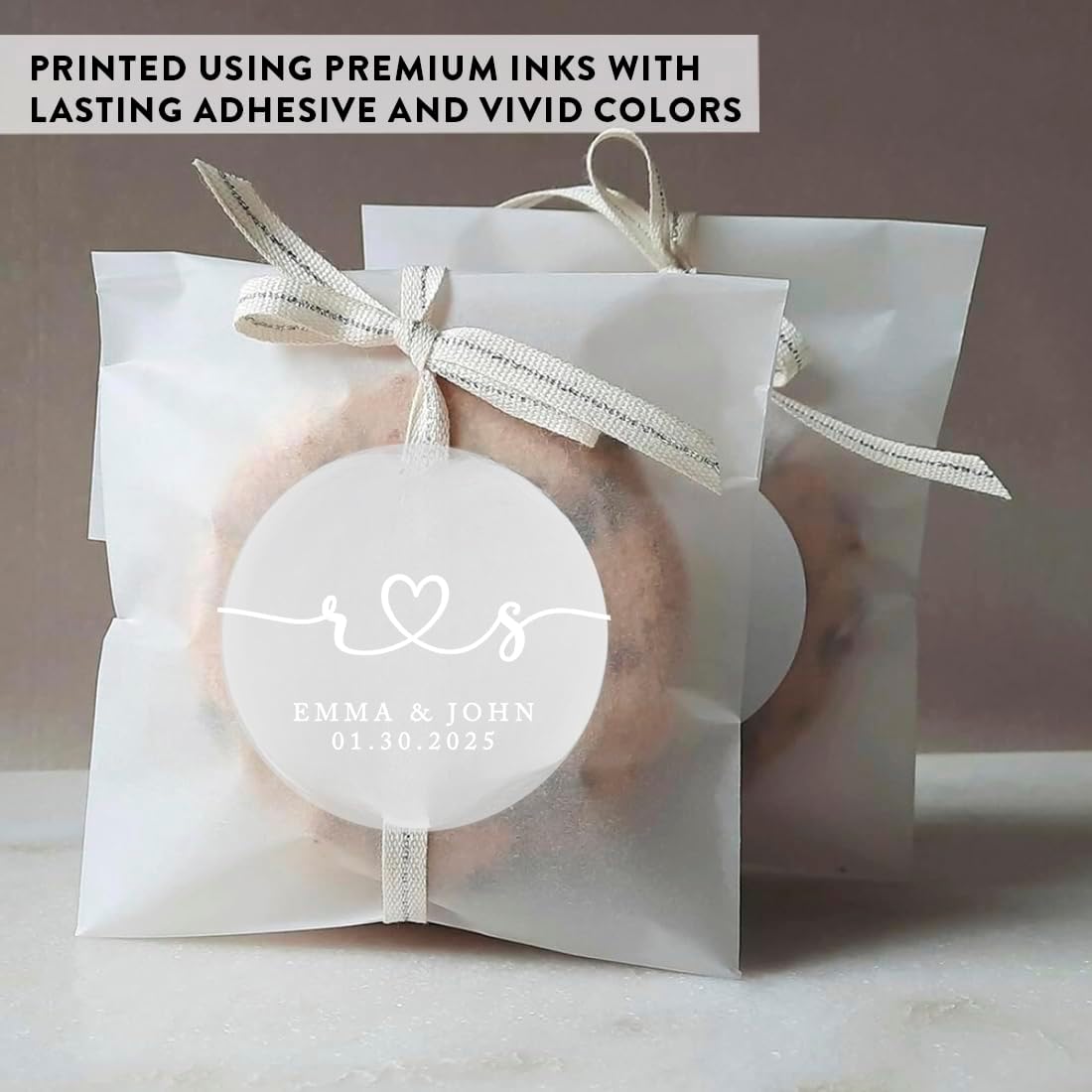 Andaz Press 2" Round Clear Personalized Wedding Sticker Labels with White, Custom Monogram Heart Transparent Vinyl Envelope Sealer Self-Adhesive Labels for Wedding Invitations Favors Cards, 40-Pack