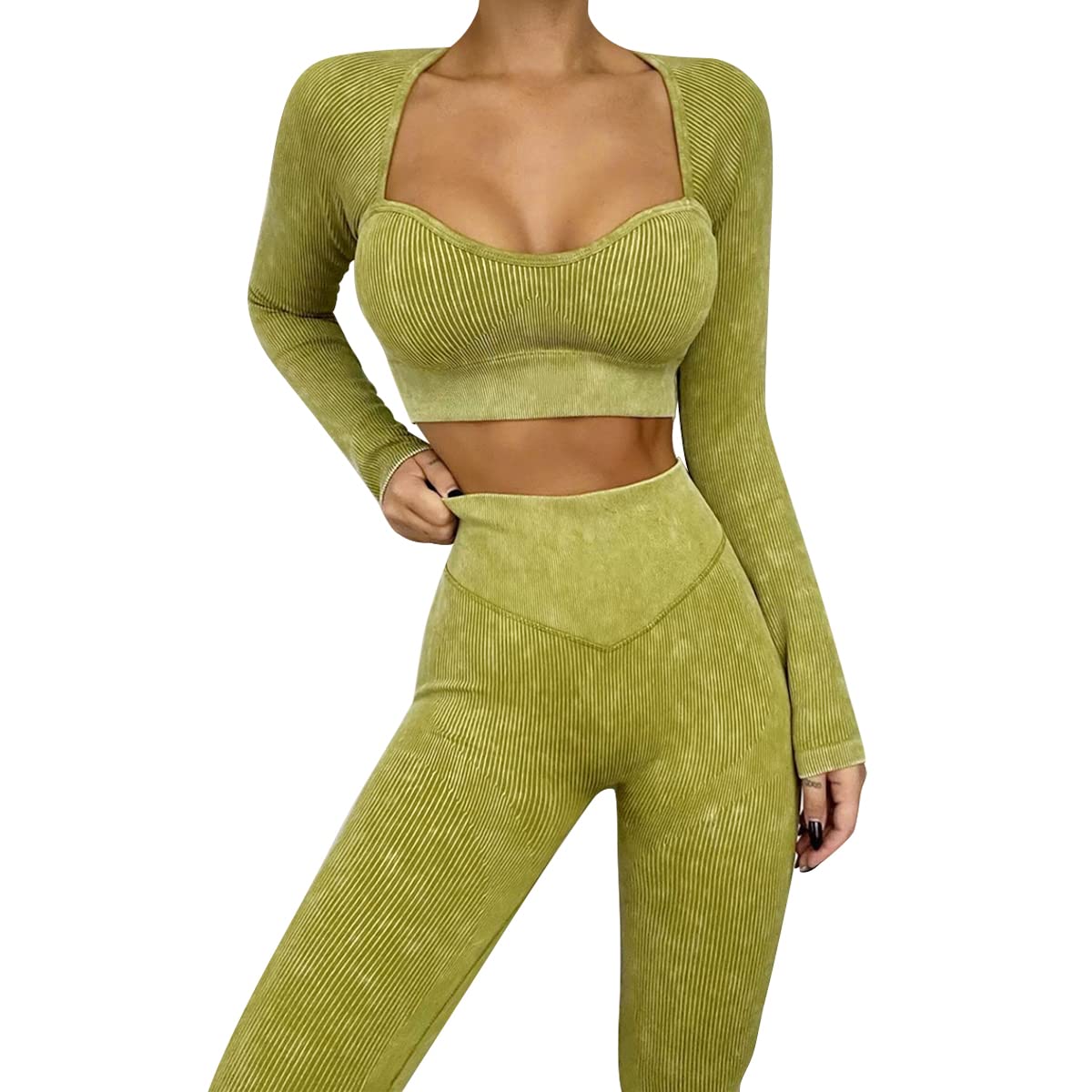 IMEKIS Tenue D'entraînement pour Femme 2 pièces Sportswear Gym Set Sports Crop Top avec Taille Haute Short de Course Leggings Sans Couture Côtelé Survêtement Yoga Costume Vêtements de Sport