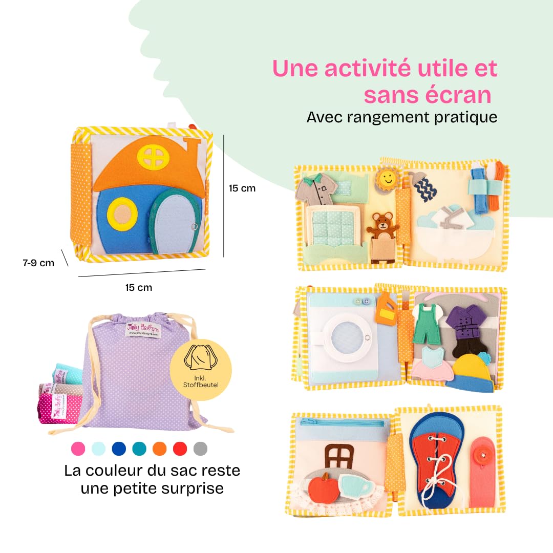 Jolly Designs Mini Quiet Book Beinvenue chez Moi – Jouet Montessori dès 2 Ans – Livre sensoriel & Livre Tissu pour Enfant – Busy Book Fait Main en Feutrine – Jouet éducatif & de Voyage