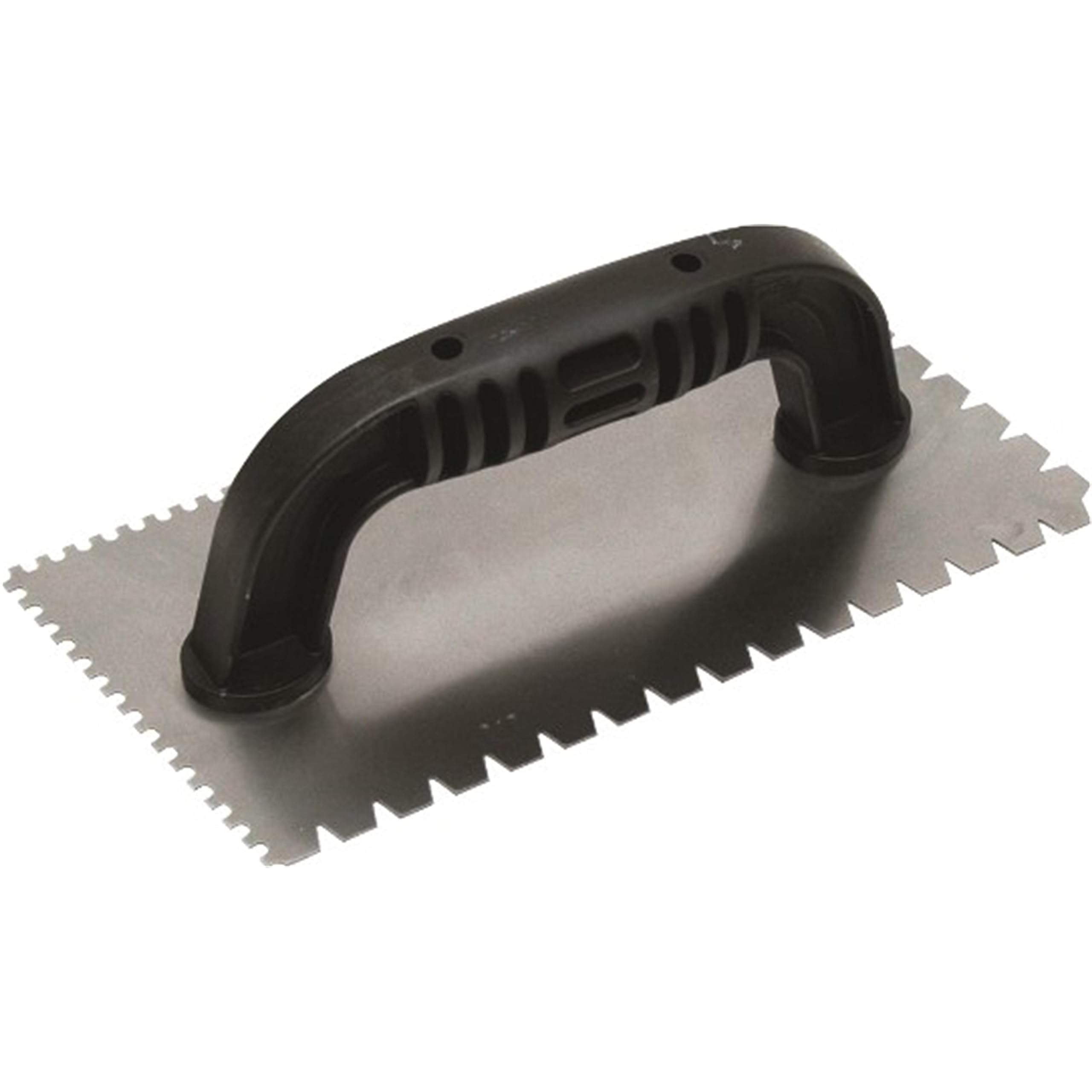 Spatola dentata Marshalltown, tacca: U 3x3x3 mm/​piatto V 4,​5x6x8 mm - 10 gradi accorciata con manico in plastica, in acciaio, per piastrellisti, dimensioni: 229x102 mm