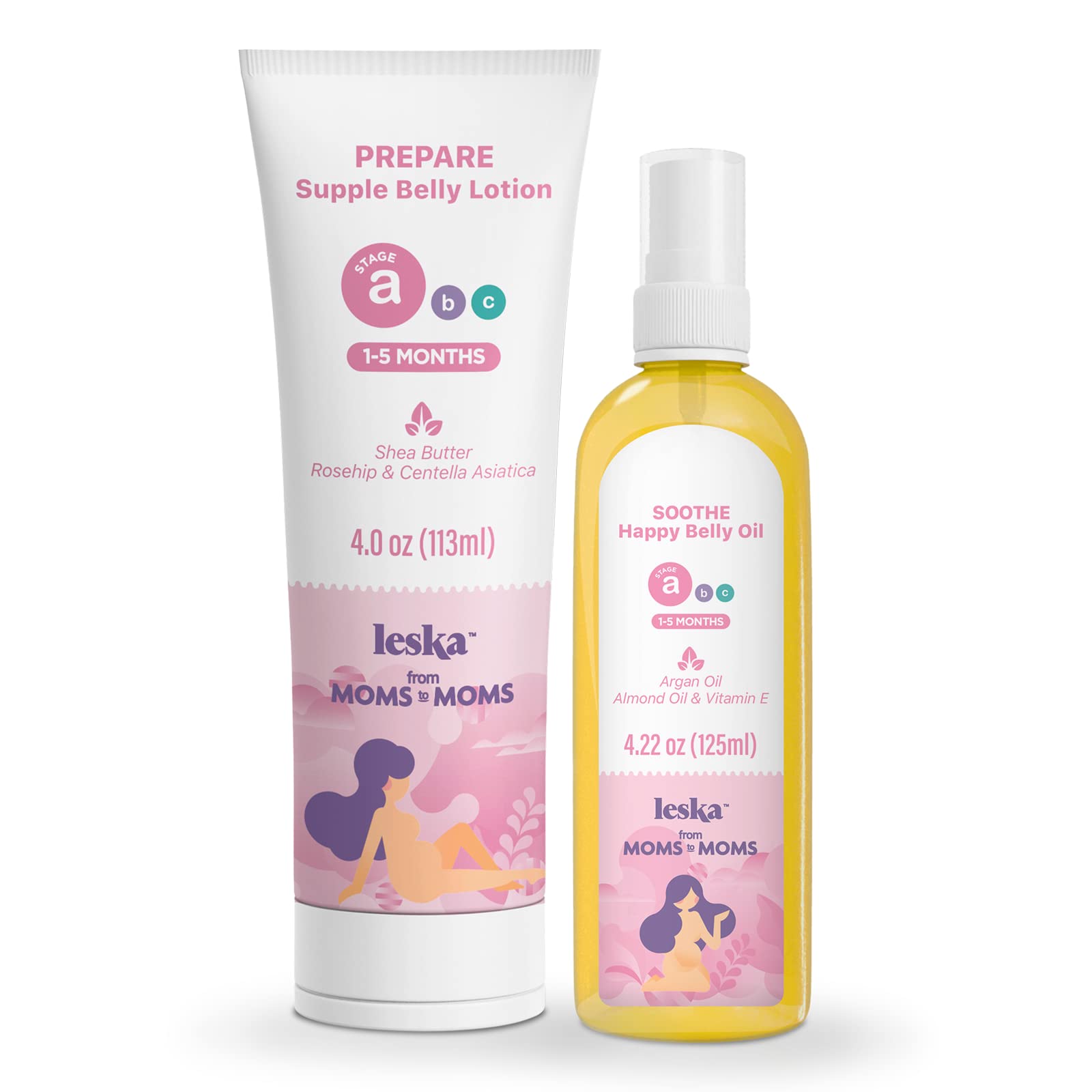 Leska Maternity Lotion & Oil | STAGE A: PREPARE & SOOTHE Supple Belly Lotion & Happy Belly Oil (Pregnancy Months 1-5) | Part of a Complete 3 Part Pregnancy Skin Care System | New Mom Gifts (4-4.22oz)