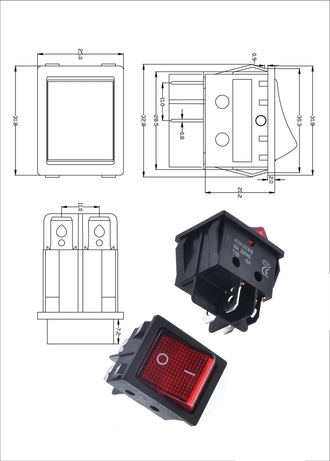 Interrupteur à Bascule spécial for Eelding Machine 30A 250V on-Off High Current KCD4 22 * ​​29 Interrupteur d'alimentation à Bascule en cuivre Rouge Bouton 4 Broches Accès électrique