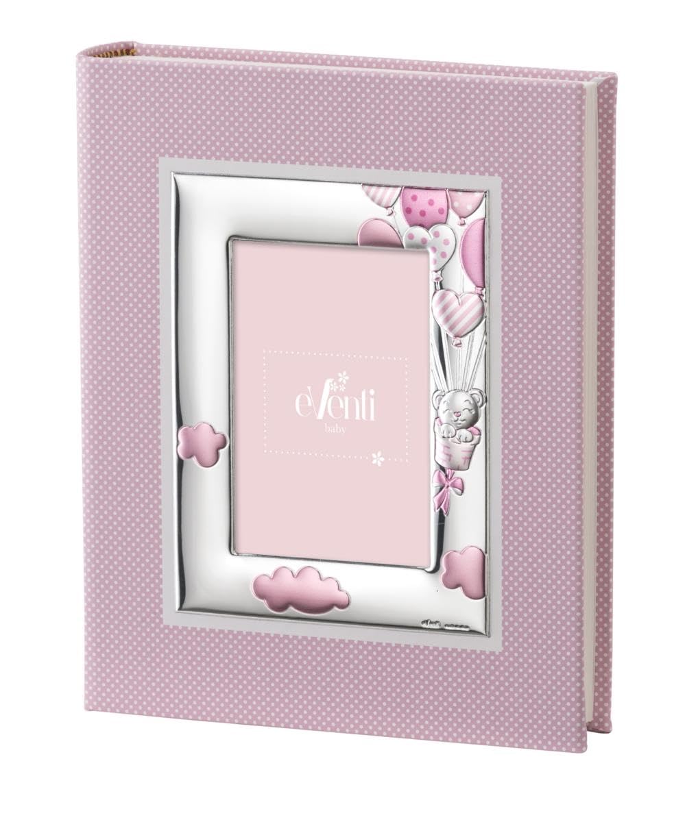 Album Fotografico con Cornice in Argento, 20x25 cm, Rosa con Decorazioni Orsetto e Mongolfiera, Design Pois
