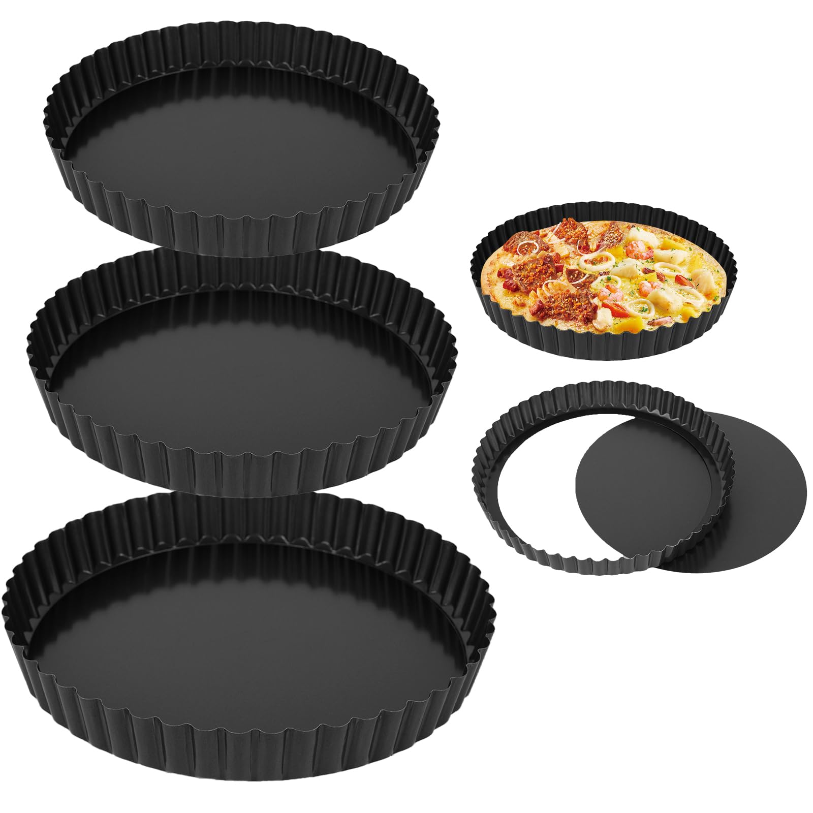 YUNYODA 3Pcs/Set Quiche Pans, Round Baking Flan Tins with Loose Base, Fluted Tart Tin with Removable Bottom, Non-Stick Tart Pan for Quiches, Flans, Pie Pan, Quiche Dish, Carbon Steel (Black)