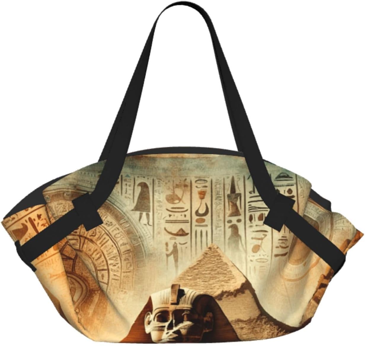 Ancient-Egyptian-Mystery-Hieroglyphics Foldable Round Picnic Blanket Tote Bag, Portable Camping Mat With Handles And Inner Pockets, Water-Resistant Outdoor Beach Blanket For Picnic, Park, Camping