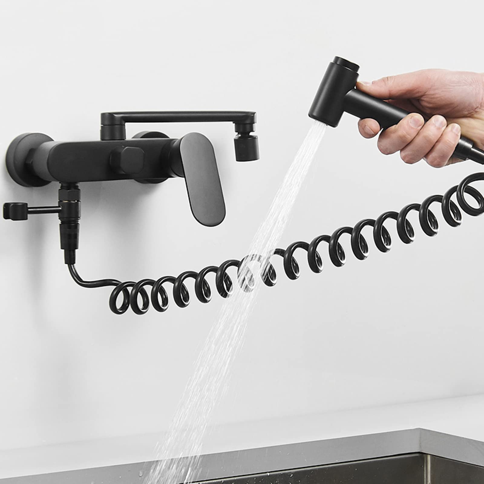 Faucet Rubinetti da Cucina a Parete Rubinetto da Cucina a Parete Nero con Pistola Spray Multifunzione Ottone Calda e Fredda Cucina Mixer Cucina rubinetto-25 cm (25 cm) Water-Tap