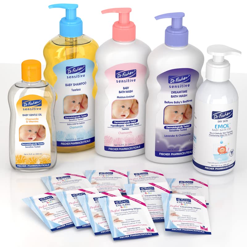 Image of Dr. Fischer Baby Bath Wash, Shampoo, Bath Oil, Bedtime Bath Wash, Baby Oil, Cleansing Wipes Baby Bath Set - Baby Essentials for Newborn Boys & Girls, Baby Bath Kit for Delicate Skin - Baby Gift Set