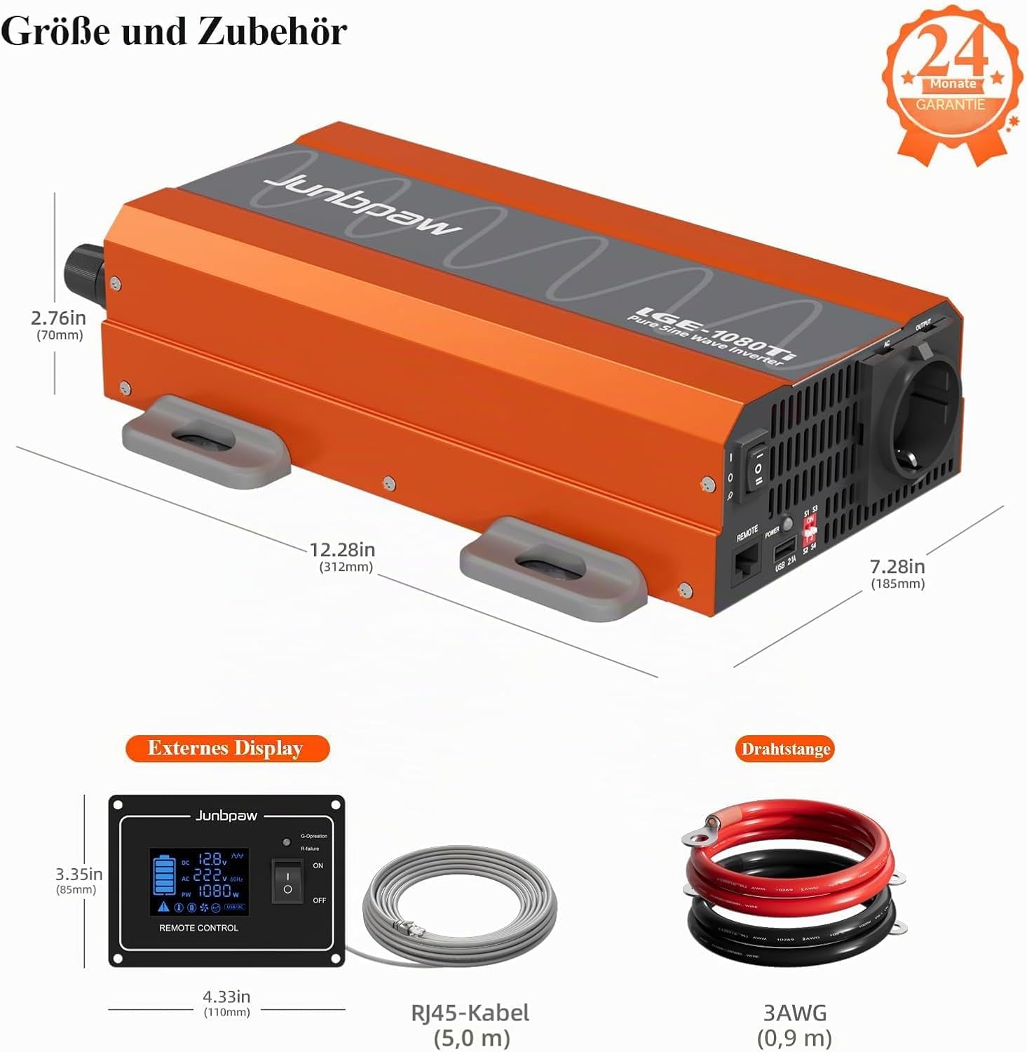 1080W Reiner Sinus Wechselrichter 12V auf 230V AC | Leiser Lüfter & Feststoffkondensatoren, 3000W Spitzenleistung, Innovatives Design für Zuhause, Wohnmobil, Camping, Off-Grid & Outdoor-Abenteuer