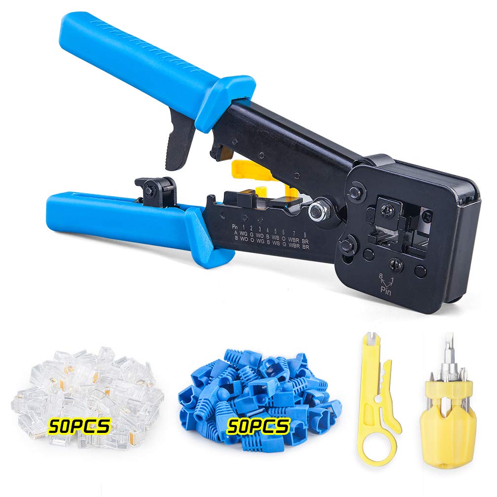 10Gtek RJ45 Crimp Tool, Cat5e/Cat5/Cat6 for RJ45 RJ12 Pass Through Connectors with 50PCS Connectors, 50PCS Covers, Wire Stripper and Screwdriver Crimper Kit