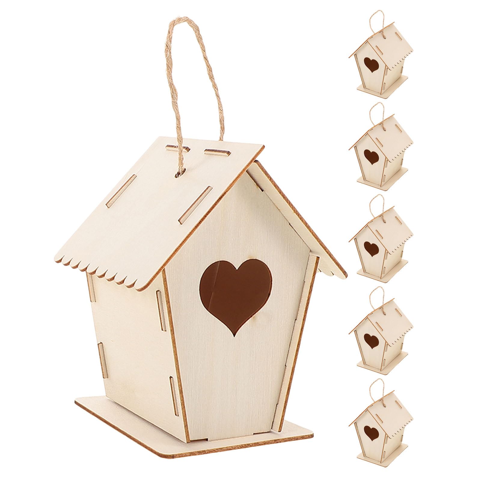 Toddmomy 6 casitas de pájaros de madera sin pintar: Construye y pinta casitas de pájaros de madera con puerta en forma de corazón sin terminar, decoraciones colgantes para jardín exterior para