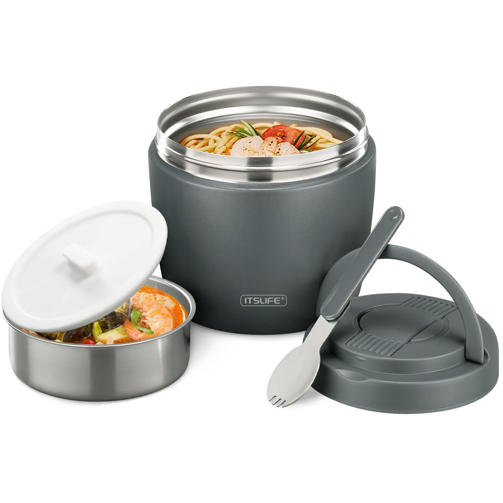 Suppen-Thermobehälter für heiße Speisen, Erwachsene, 900 ml, breite Öffnung, Vakuumisoliert, Edelstahl, Bento-Box, auslaufsicher, mit Löffel, Grau