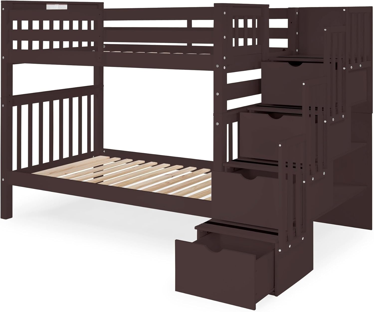 Bedz King Tall Stairway Bunk Beds Twin Over Twin with 4 Drawers in the Steps, Dark Cherry