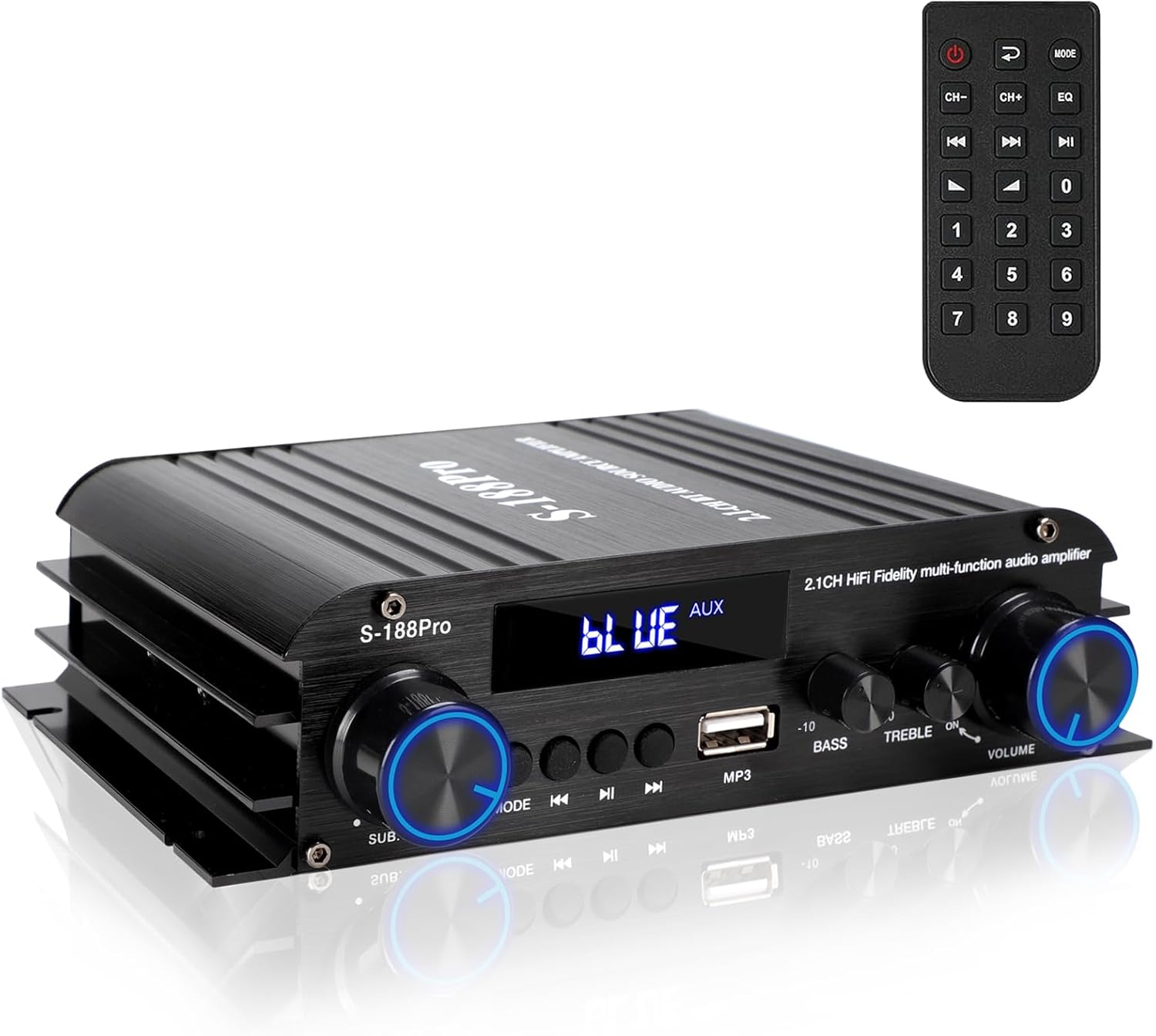 2.1 Channel Stereo Audio Amplifier,300Wx2+360W High Power Stereo Subwoofer Amp with USB/AUX Inputs, Remotel, Treble/Subwoofer Adjustments,Works with Active & Passive Subs & Speakers,12V 5A Adapter
