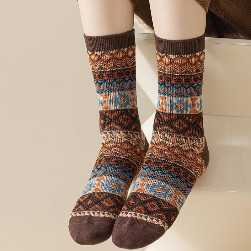 5 pairs fair isle retro ethnic style Women’s Bohemian Crew Socks – Thick Warm Cotton Autumn and Winter Socks, Cozy & Stylish Gift Idea fall socks women - Image 8