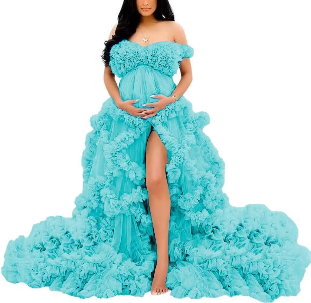 YIANN Off Shoulder Maternity Dresses Long Robe for Photoshoot Tulle Ruffles Pregnancy Gown for Baby Shower Turquoise UK12