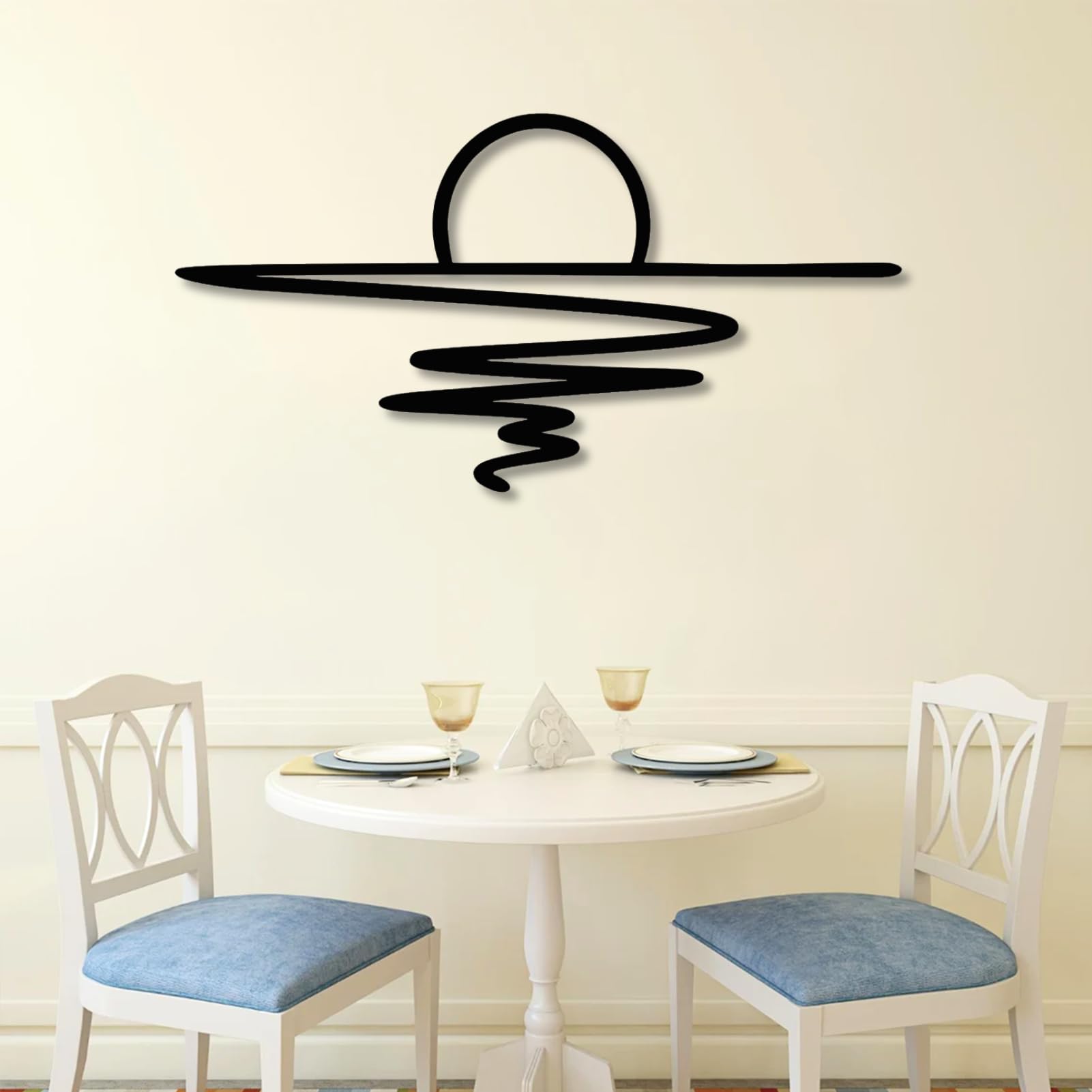 Décoration Murale en métal Noir Scintillant « Soleil et mer Scintillants », Sculpture Moderne « Lever de Soleil et mer Scintillants » pour Salon, Chambre, Couloir et escalier (Blanc 74 x 38