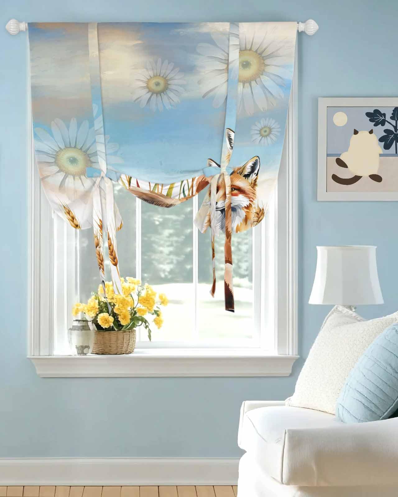 Tie Up Curtains for Windows Wheat Ear Fox Daisy Flowers Rod Pocket Tie-Up Window Shade Adjustable Balloon Curtain Valance Blue Sky Watercolor Floral for Bedroom Kitchen Bathroom Blinds,52x45in