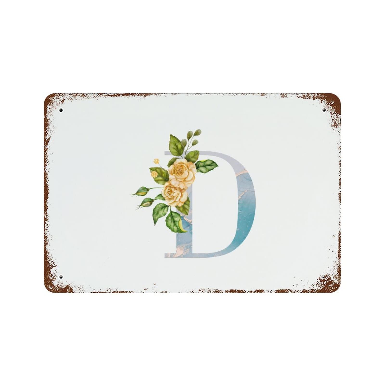 Plaque en métal D avec monogramme floral jaune de 30x45 cm pour déco murale