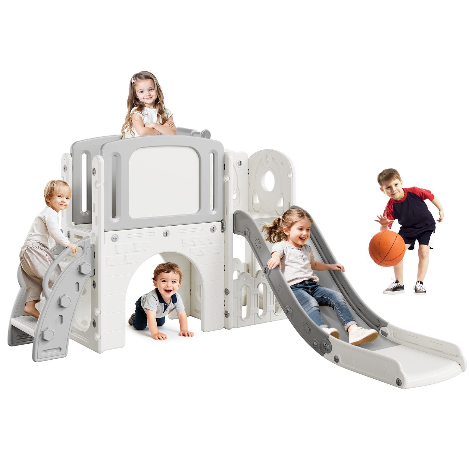 Aptliton Men's Grey 8-In-1 Toddler Slide Set With Climbing Ladder, Tunnel, Telescope And Basketball Hoop, Multi-Functional Indoor Outdoor Playground Climber, Children's Playground Toy For Kids,