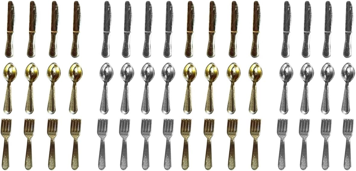 LOGOFUN 48 Pezzi Posate In Miniatura 1:12 Per Casa Delle Bambole - Set Forchetta, Cucchiaio E Coltello In Oro E Argento - 3