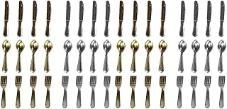 LOGOFUN 48Pcs Dollhouse Miniature Tableware 1:12 Scale Mini Fork Spoon Knife Set for Dollhouse Kitchen Accessories - Gold+Silver