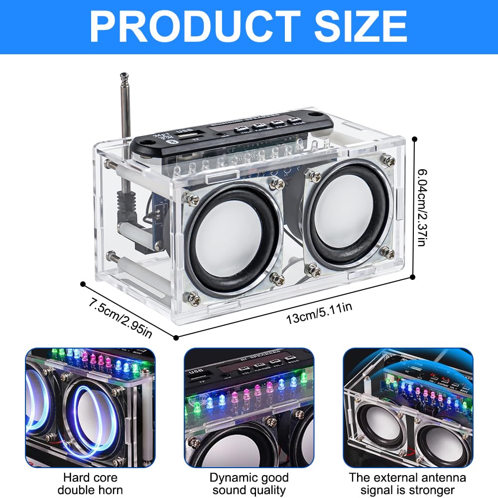 Elektronik Bausatz Radio, 87.5-108MHZ DIY Elektronik Löten Bausatz Bluetooth Lautsprecher, Löt Bausatz DIY Musikspieler mit LED Anzeigeleuchte, Acrylgehäuse, Fernbedienung, für Löten Lernen