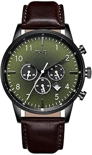 ساعة من الفولاذ المقاوم للصدأ بمينا أسود وأخضر فاتح مع سوار جلد باللون البني للرجال من ترندا
